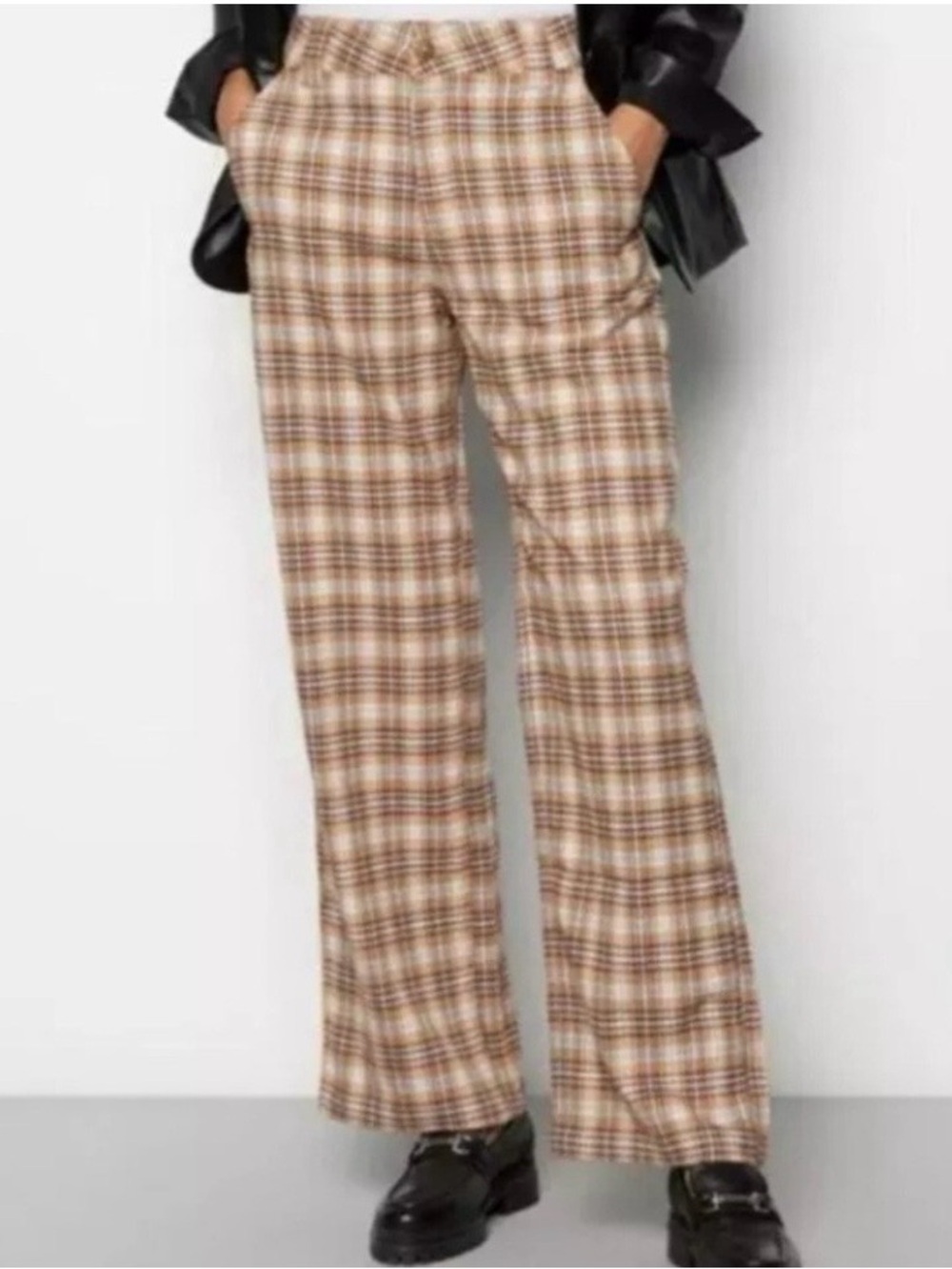 Hollister High-Rise Baggy Flare Tan Plaid Wide Leg Trousers Pants Size 11R /w30